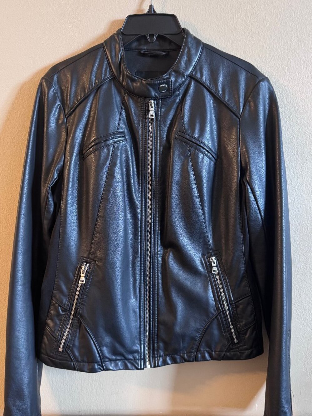 Guess Women's Black Vegan Leather Moto Biker Full Zip Jacket Size L